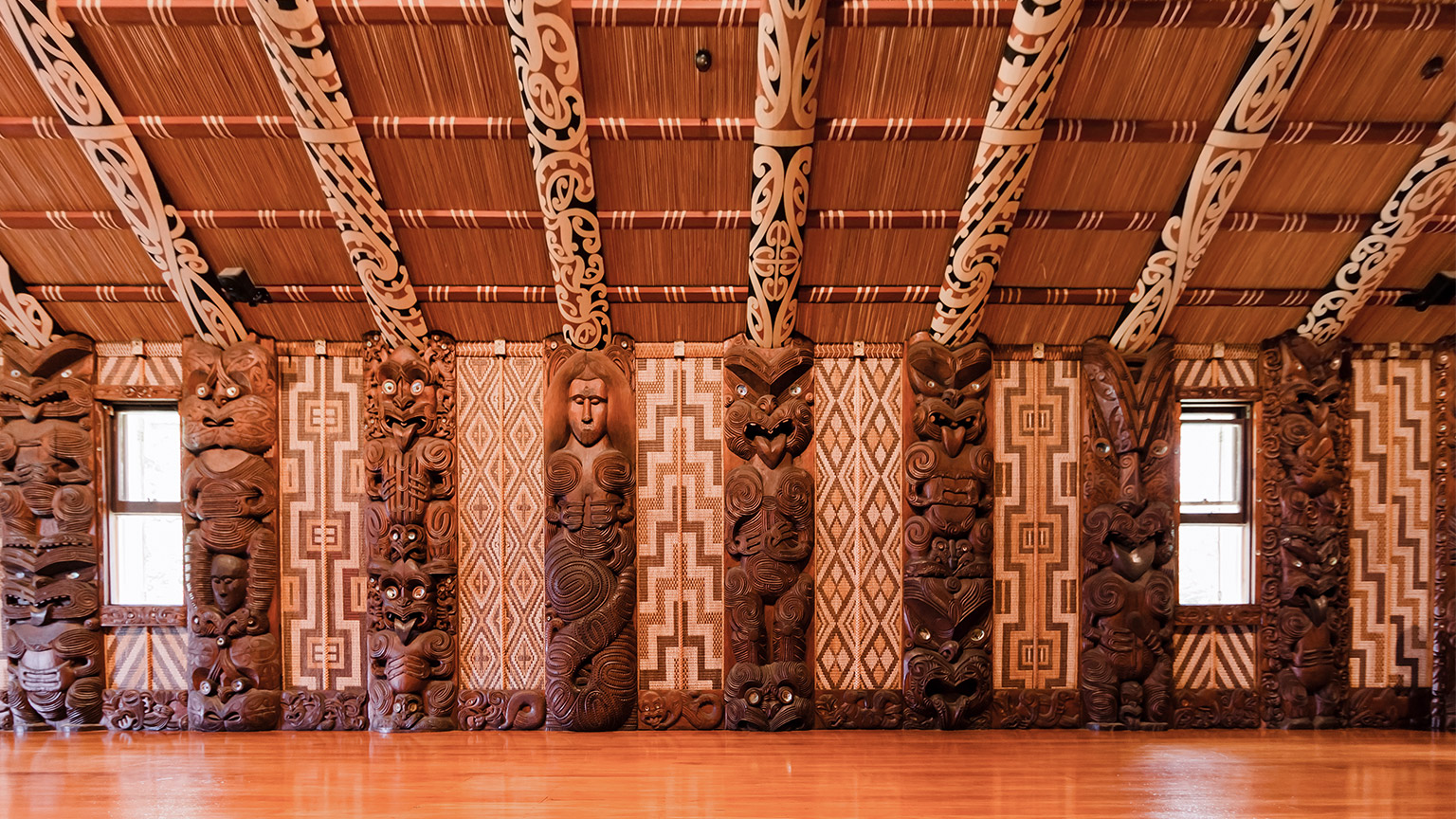 The interior of a Maori meeting house in Waitangi, New Zealand