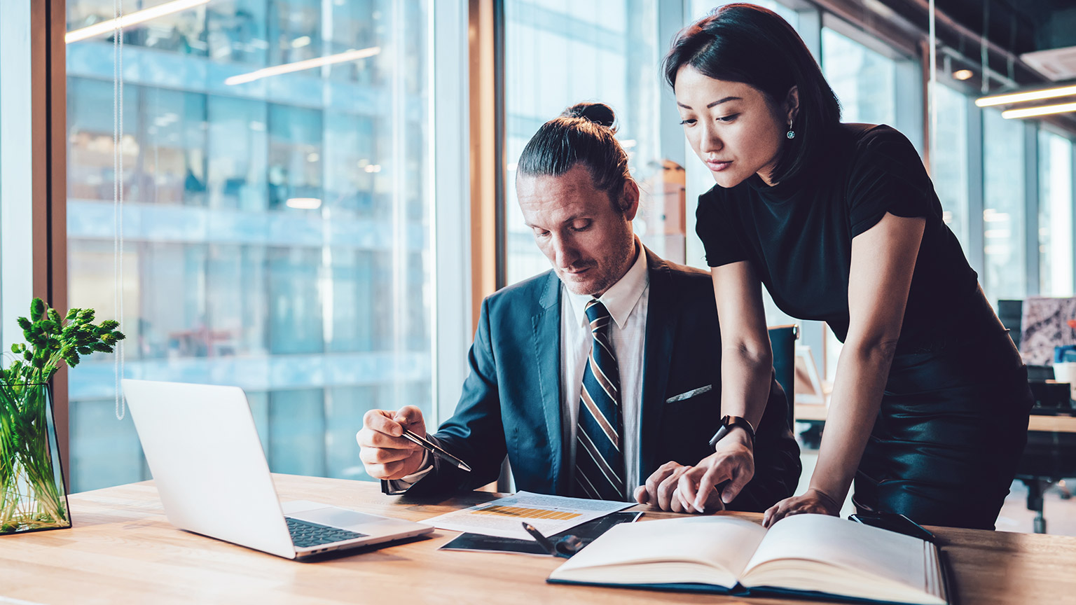 Two accountants working on a project in a modern office