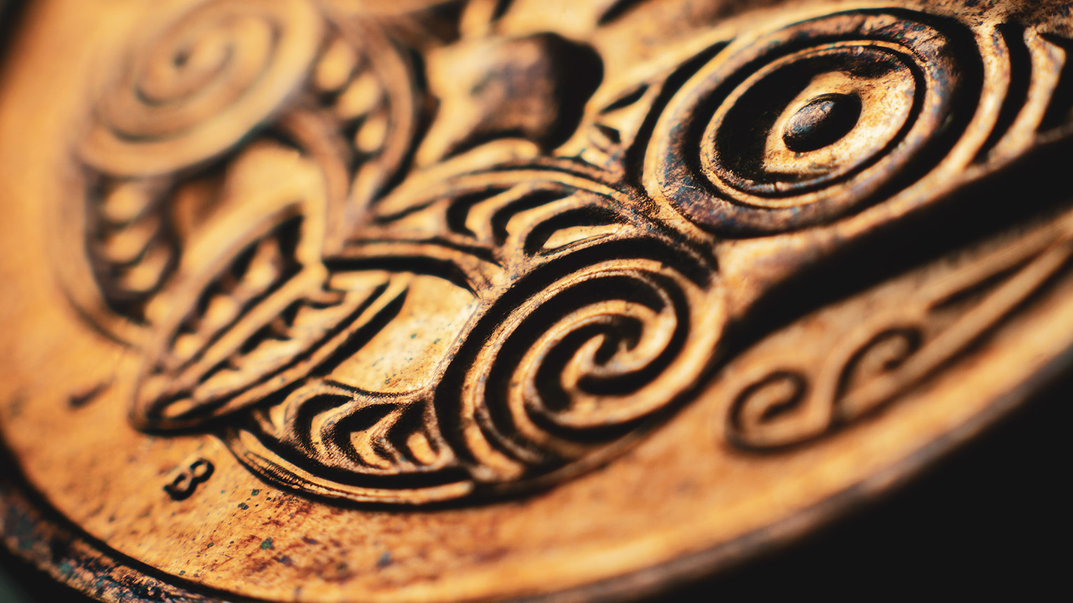 A macro view of the maori carving detail on a coin