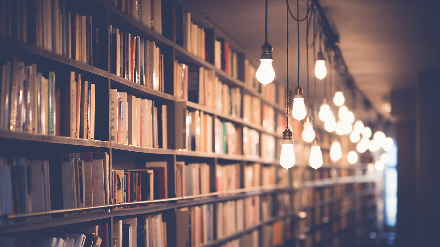 A well stocked library with shelves reaching all the way to the ceiling