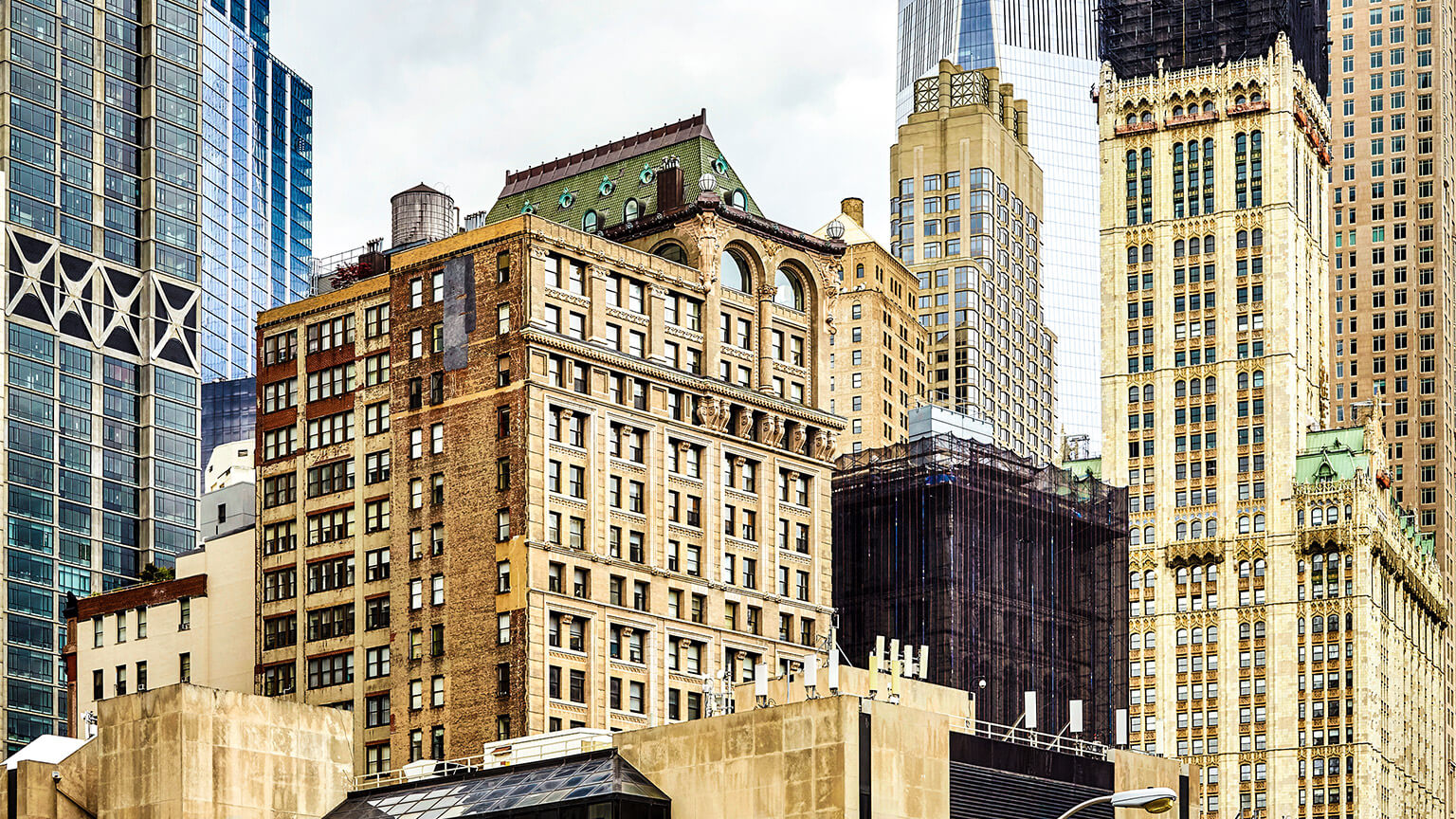 A view of skyscrapers in a busy, busy metropolis