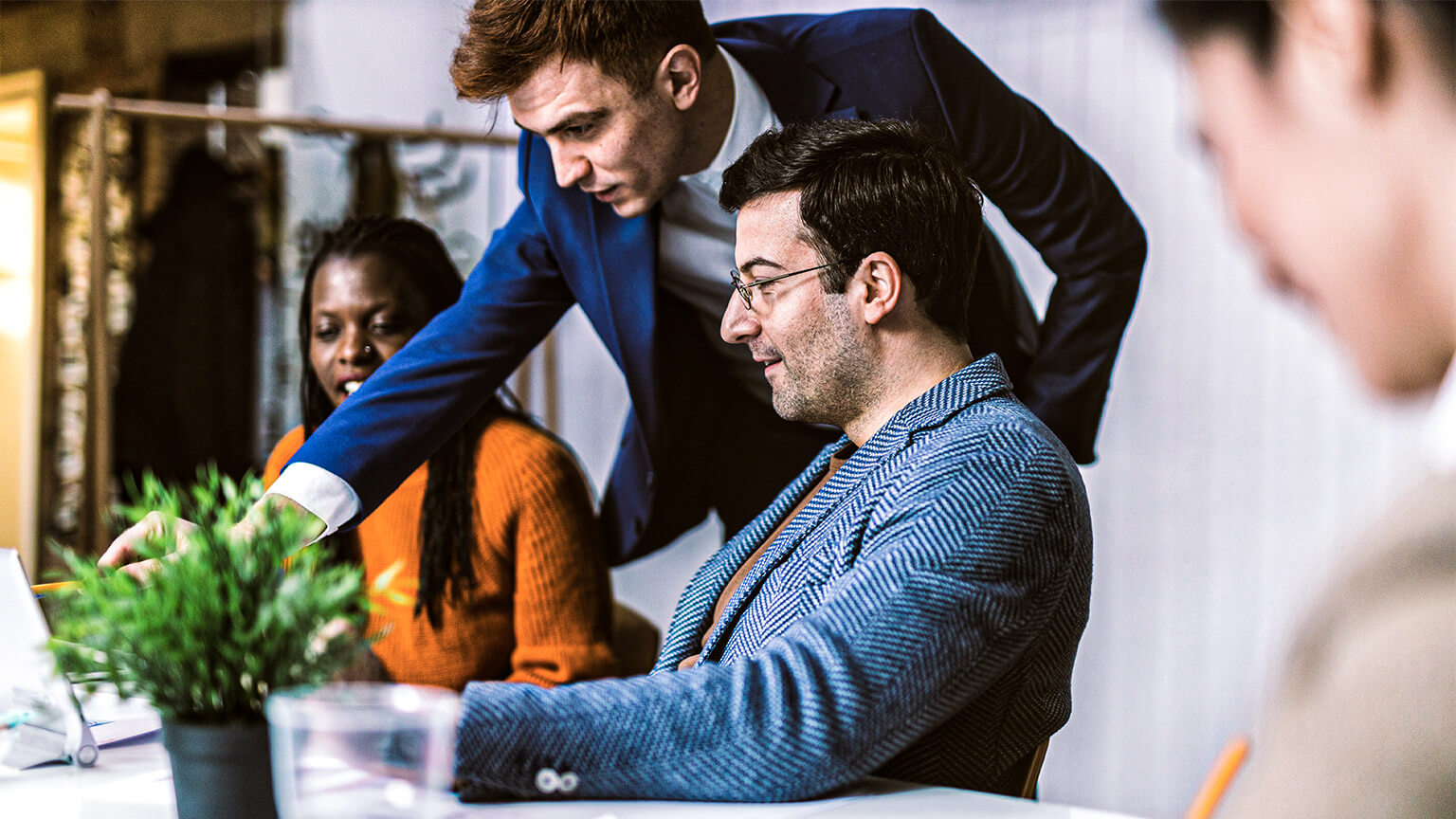 A marketing team collaborating on a creative project