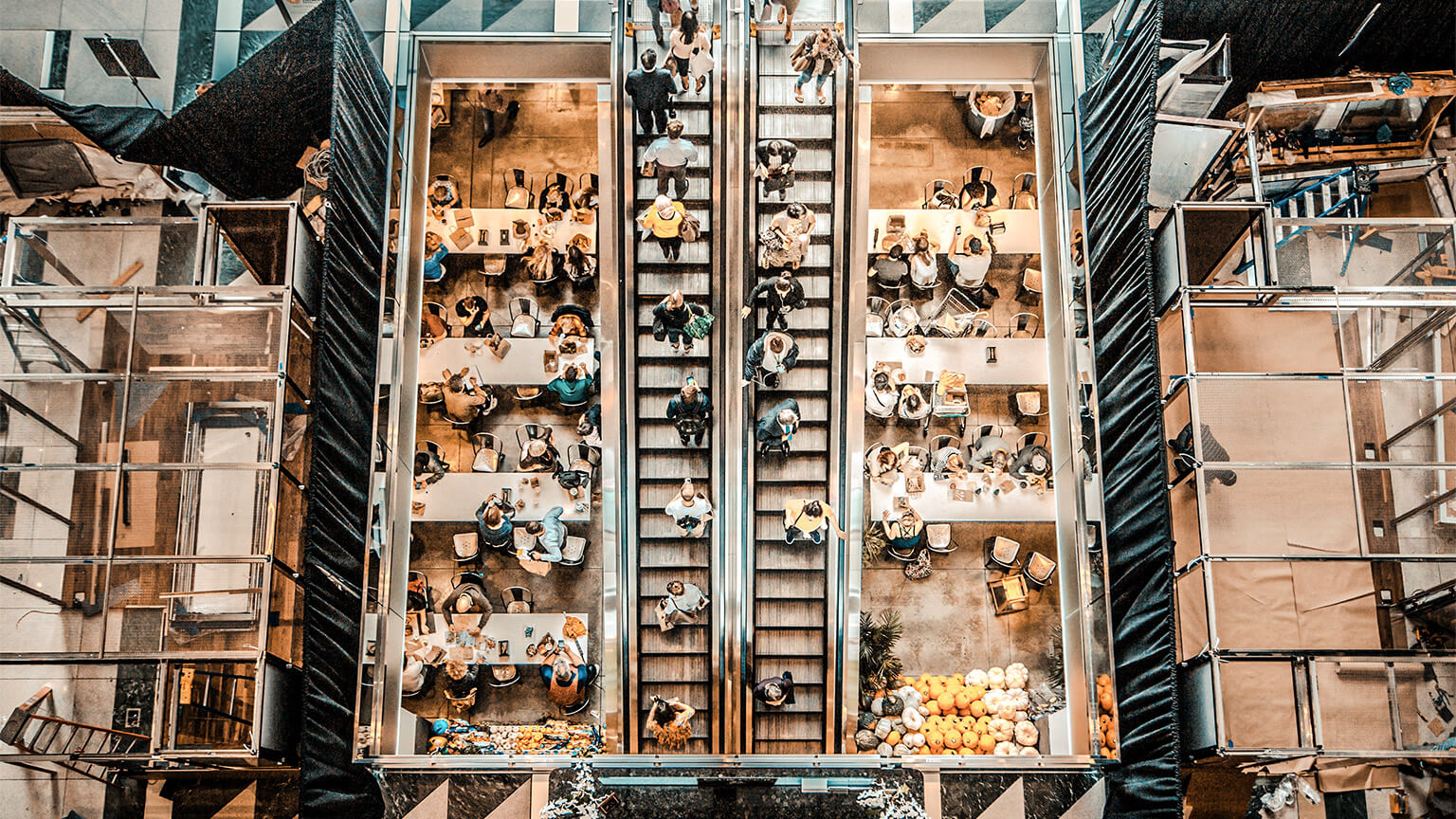 A bird's eye view of a busy shopping complex