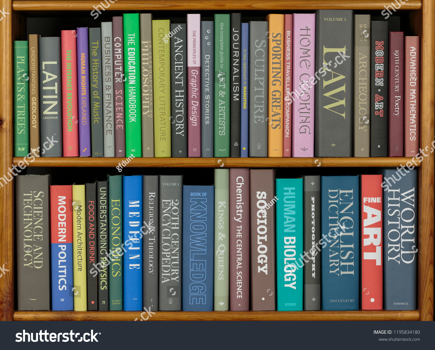 Bookshelves with books covering a variety of topics. (All spines have been fabricated to avoid copyright issues.)References