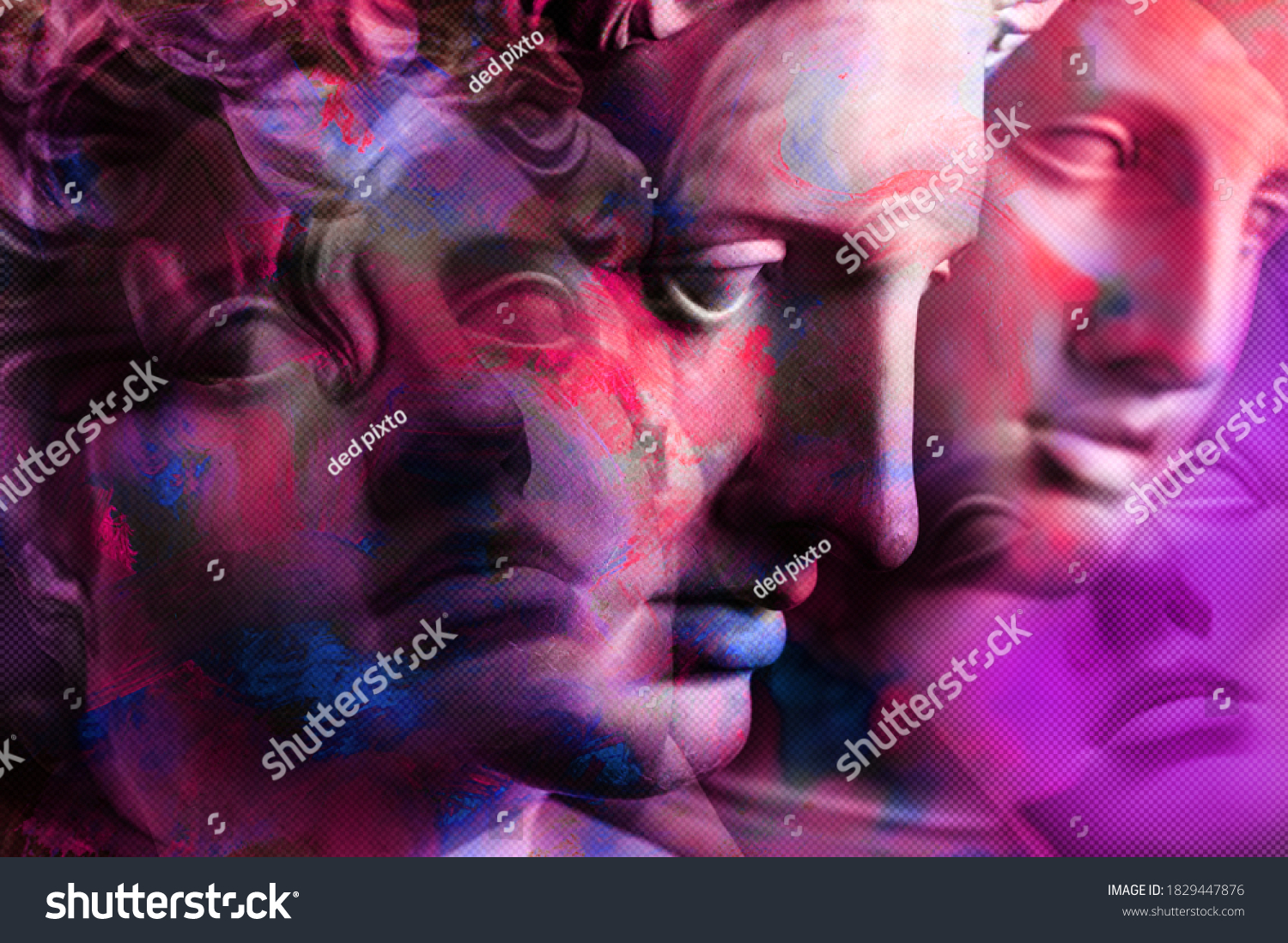 Collage with plaster antique sculpture of human face in a pop art style. Creative concept colorful neon image with ancient statue head. Cyberpunk, webpunk and surreal style poster.