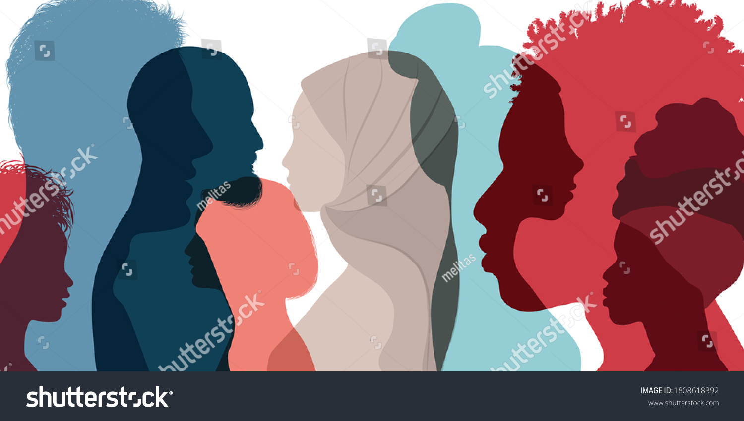 Silhouette profile group of men and women of diverse culture