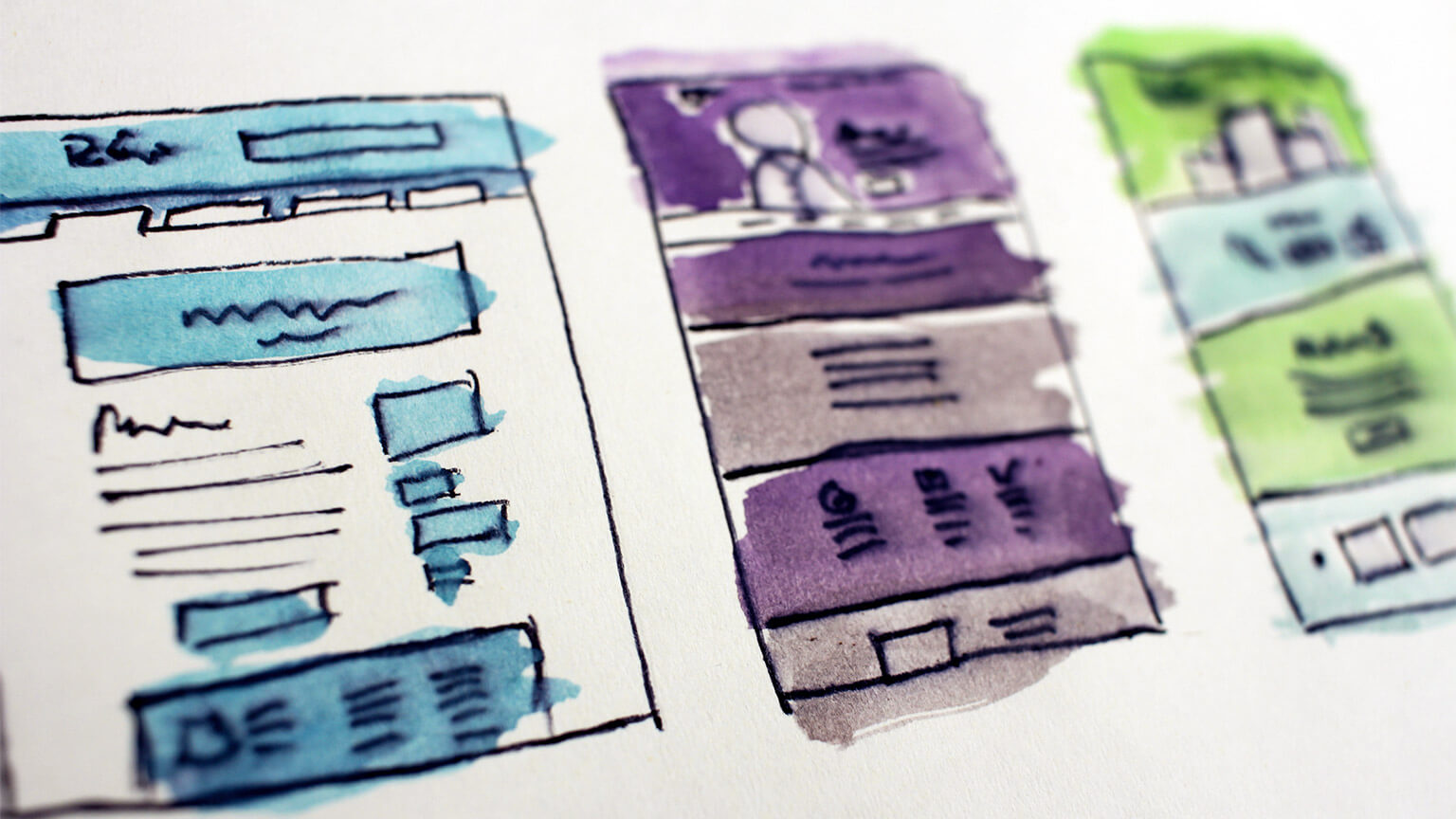 A UX Designer's hand-drawn wireframes with some water colours applied to help convey the experience's proposed theme