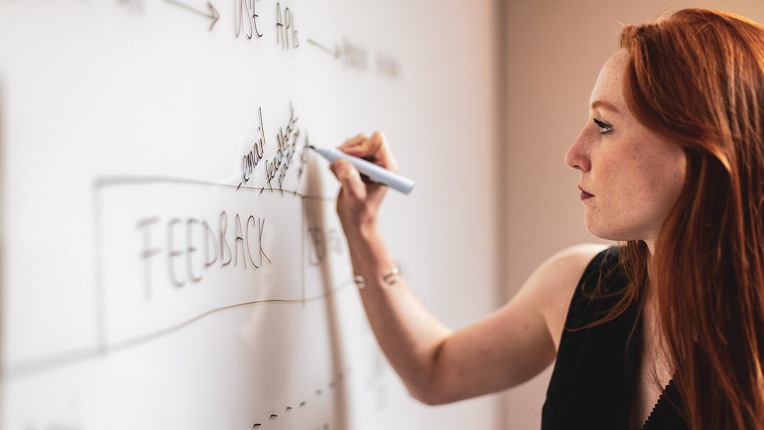 A programmer working on part of a proposal on a whiteboard