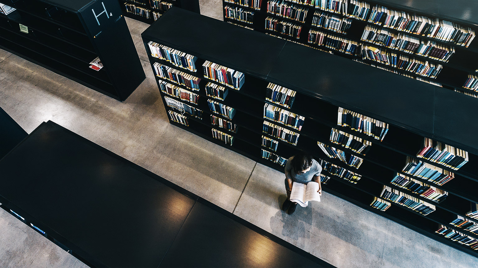 A person reading on the library aisles