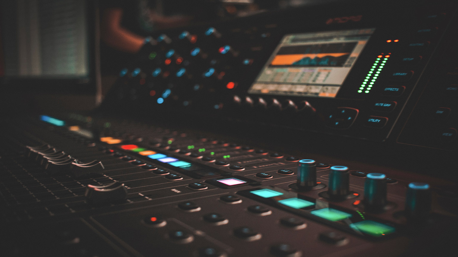 A close view of an audio recording desk