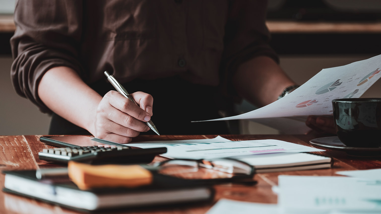 A close view of an accountant looking over financial documents