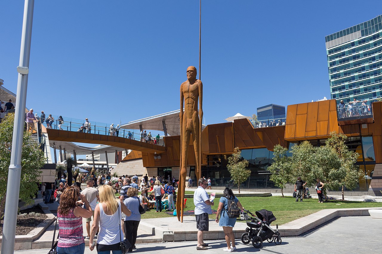 Yagan Square in Perth City Australia. Statue of Aboriginal man representing a place of significance to the Noongar people of Perth.