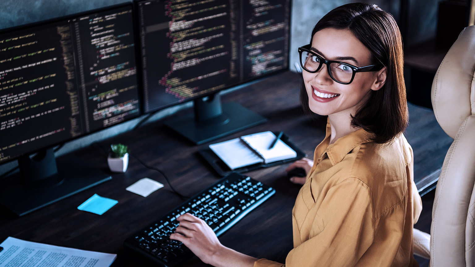 Smiling girl working as cyber security