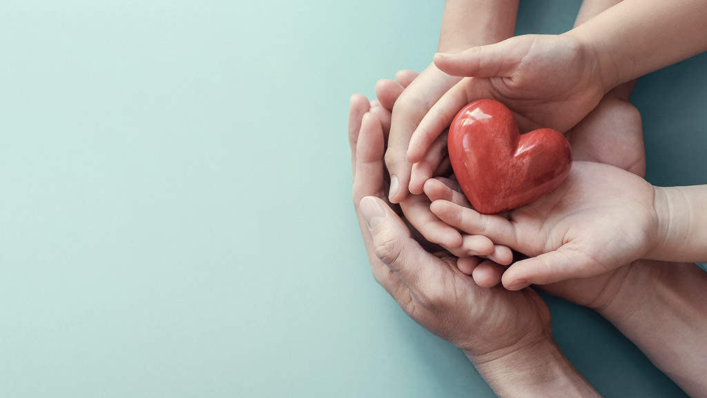 Family hands holding red heart