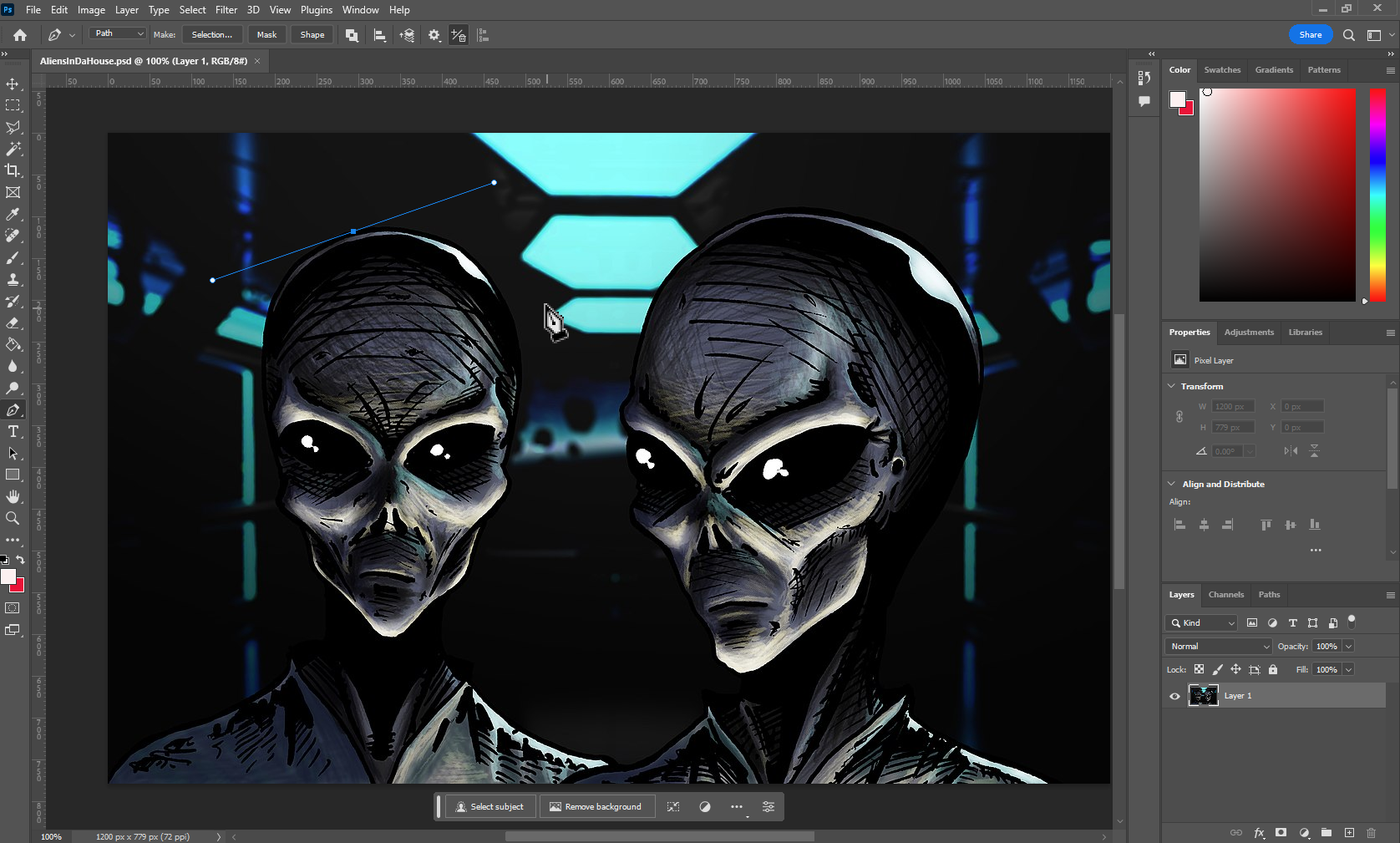 The workspace of Adobe Photoshop with Aliens being developed