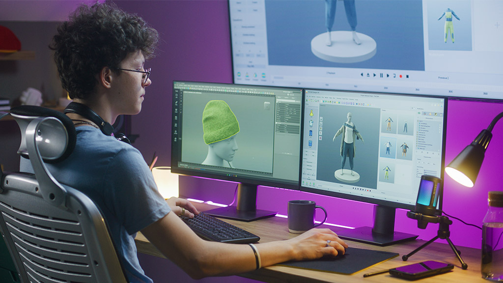 3D designer creates video game character or clothes, works remotely from home on computer