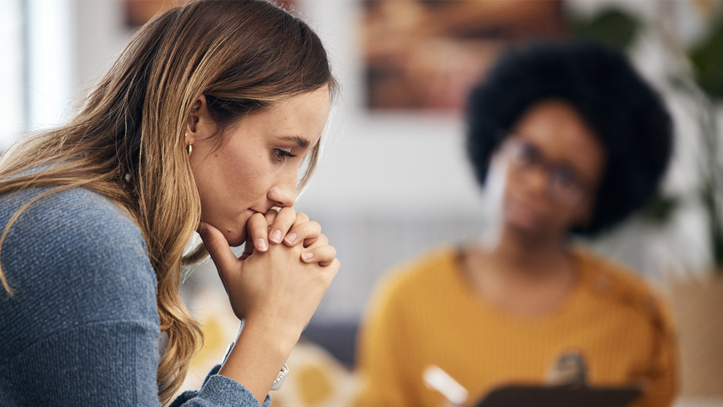 Woman thinking, stress and therapy by psychologist