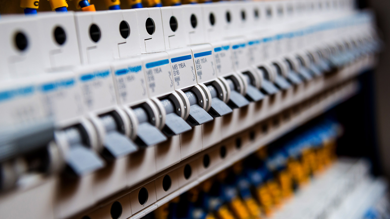 A close view of a circuit breaker board