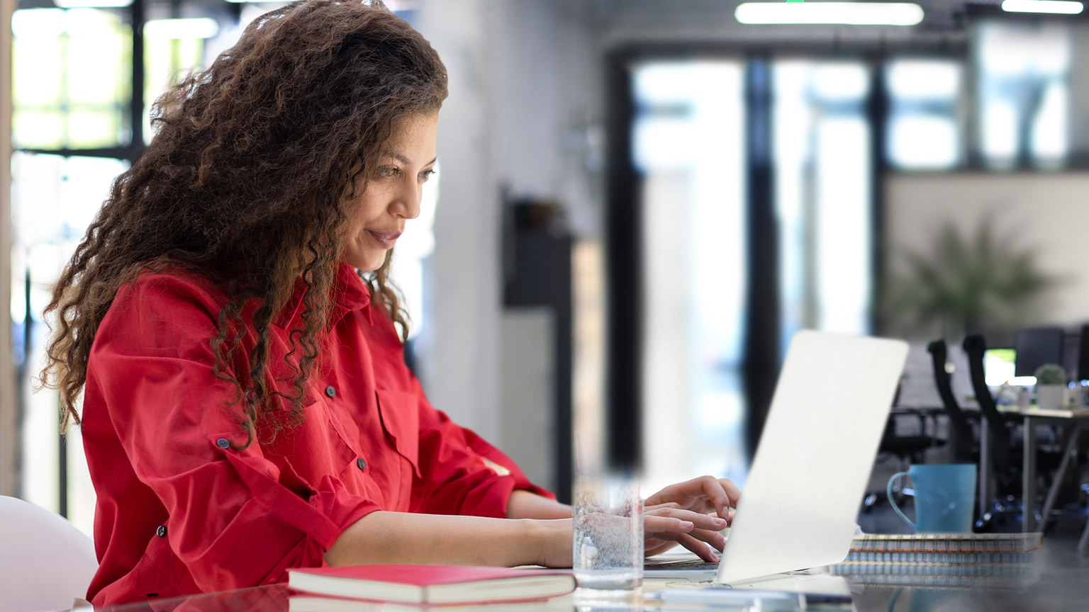 A person reading information on a laptop