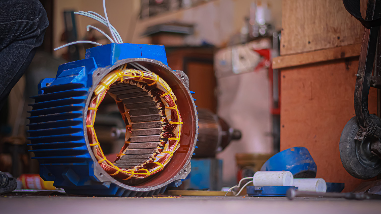 A 3-phase motor being repaired