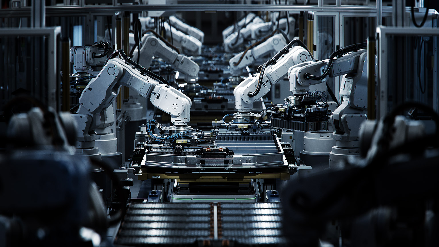 Row of White Robotic Arms at Automated Production Line at Factory