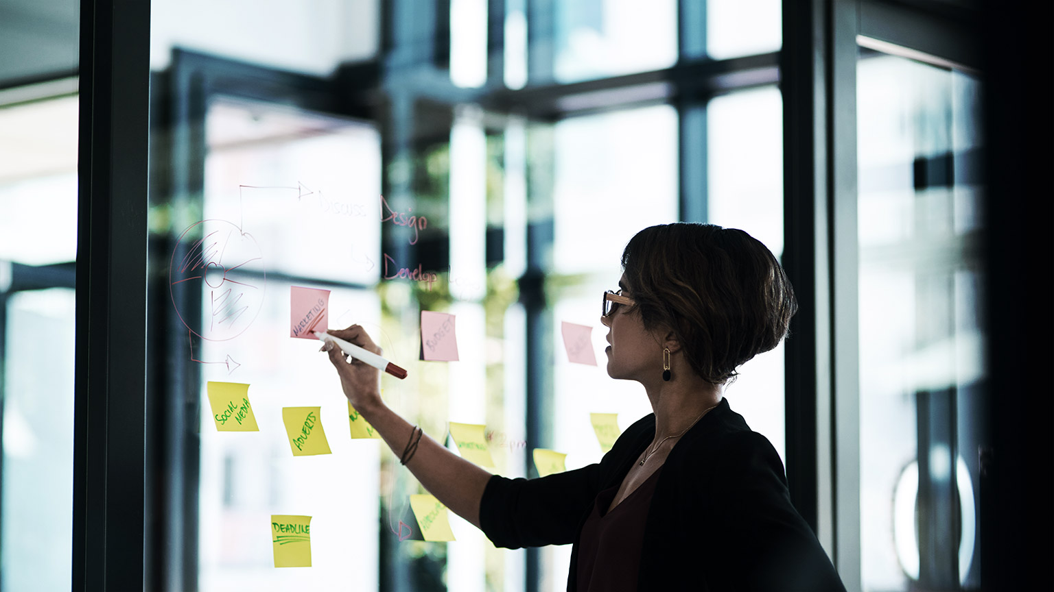 woman on glass moodboard for marketing ideas, brainstorming workflow or project.