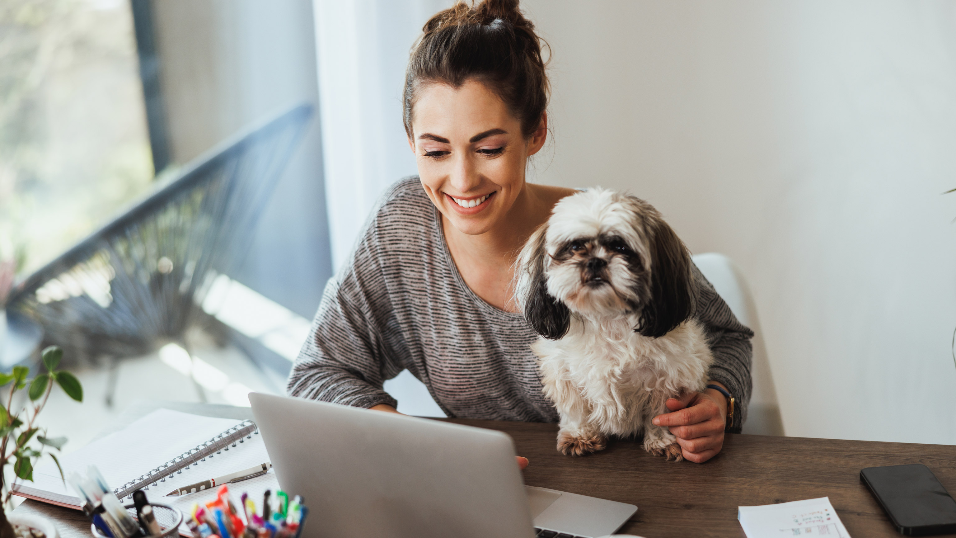 A person studying with a dog