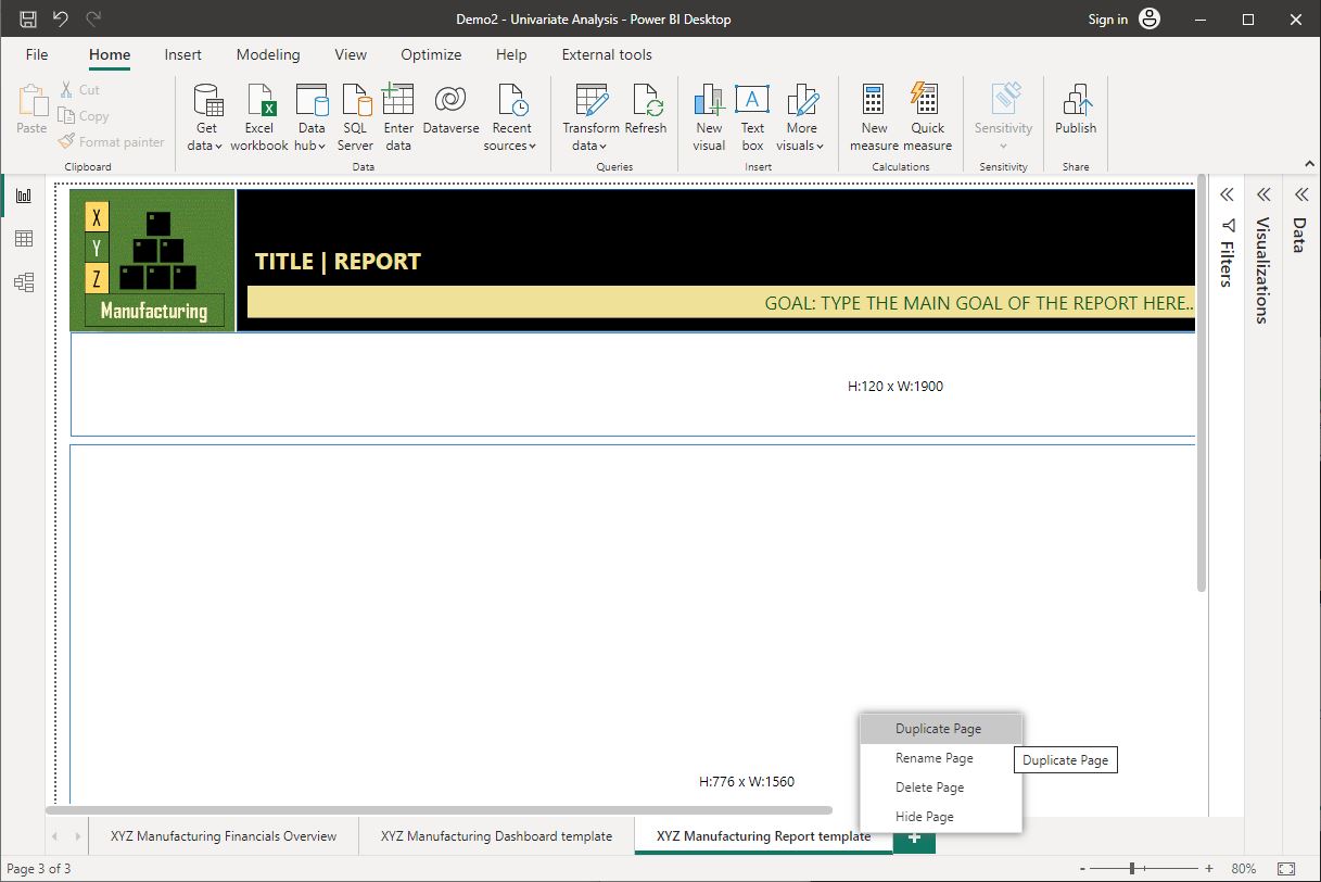 Screenshot of duplicating the report template to create a new report page using Power BI Desktop © Microsoft