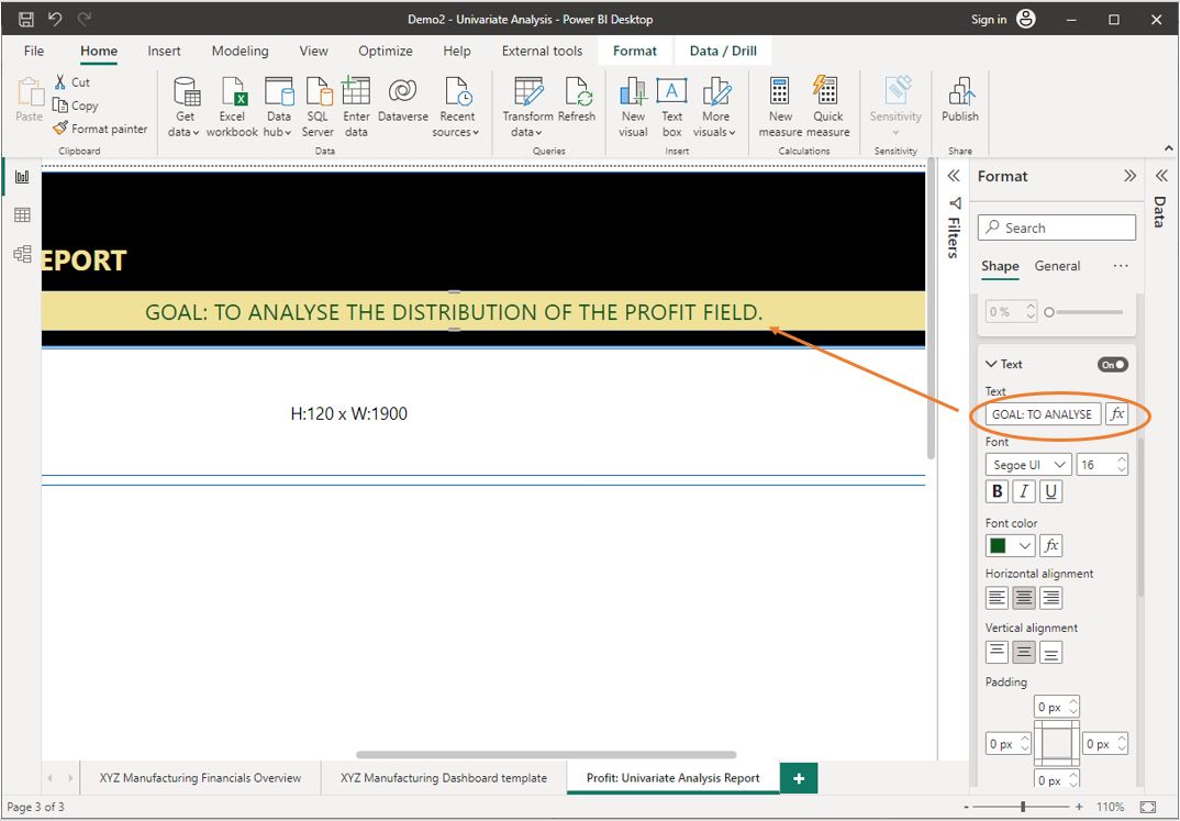 Screenshot of customising the report sub-title element using Power BI Desktop © Microsoft