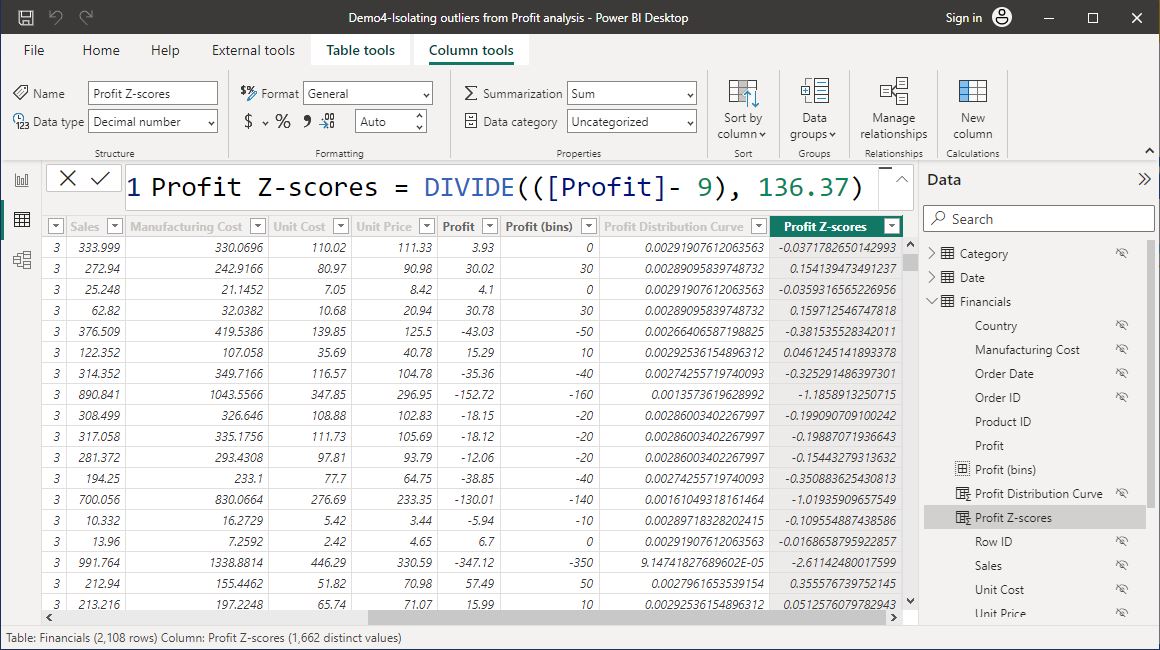 Screenshot of the Profit Z-scores calculated column DAX statement in Power BI Desktop © Microsoft