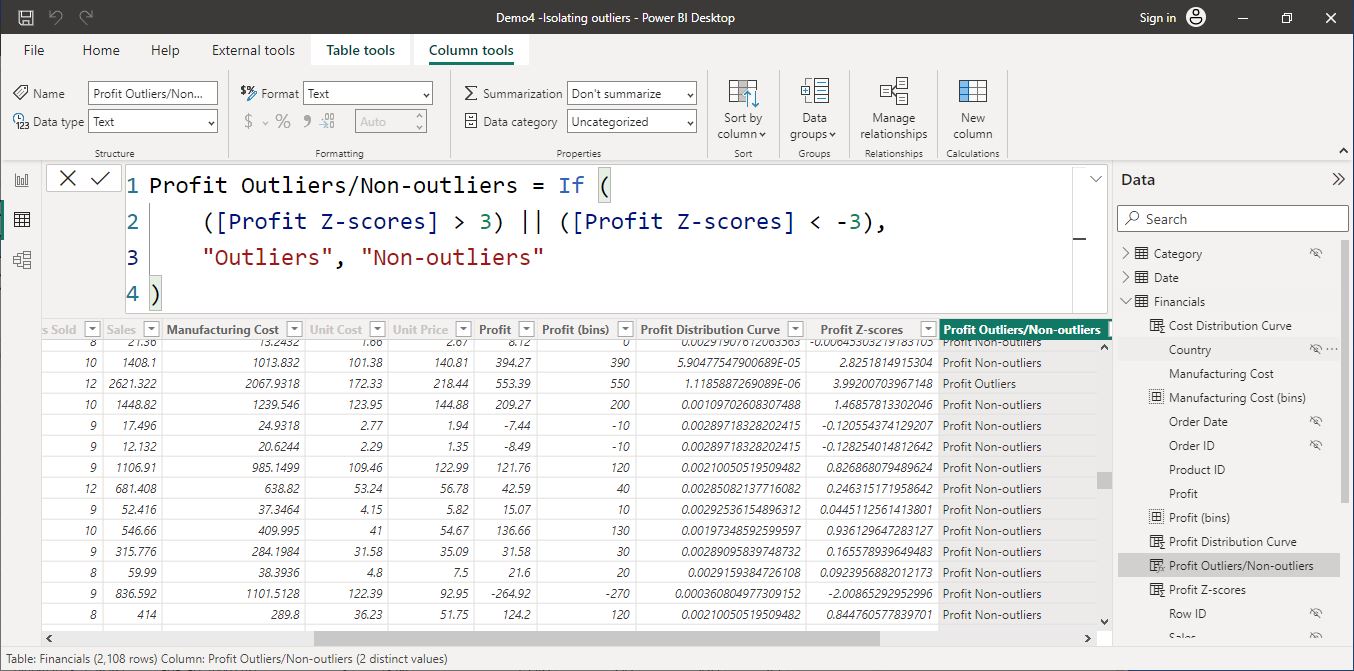 Screenshot of the conditional column created in the ‘Financials’ data table in Power BI Desktop © Microsoft