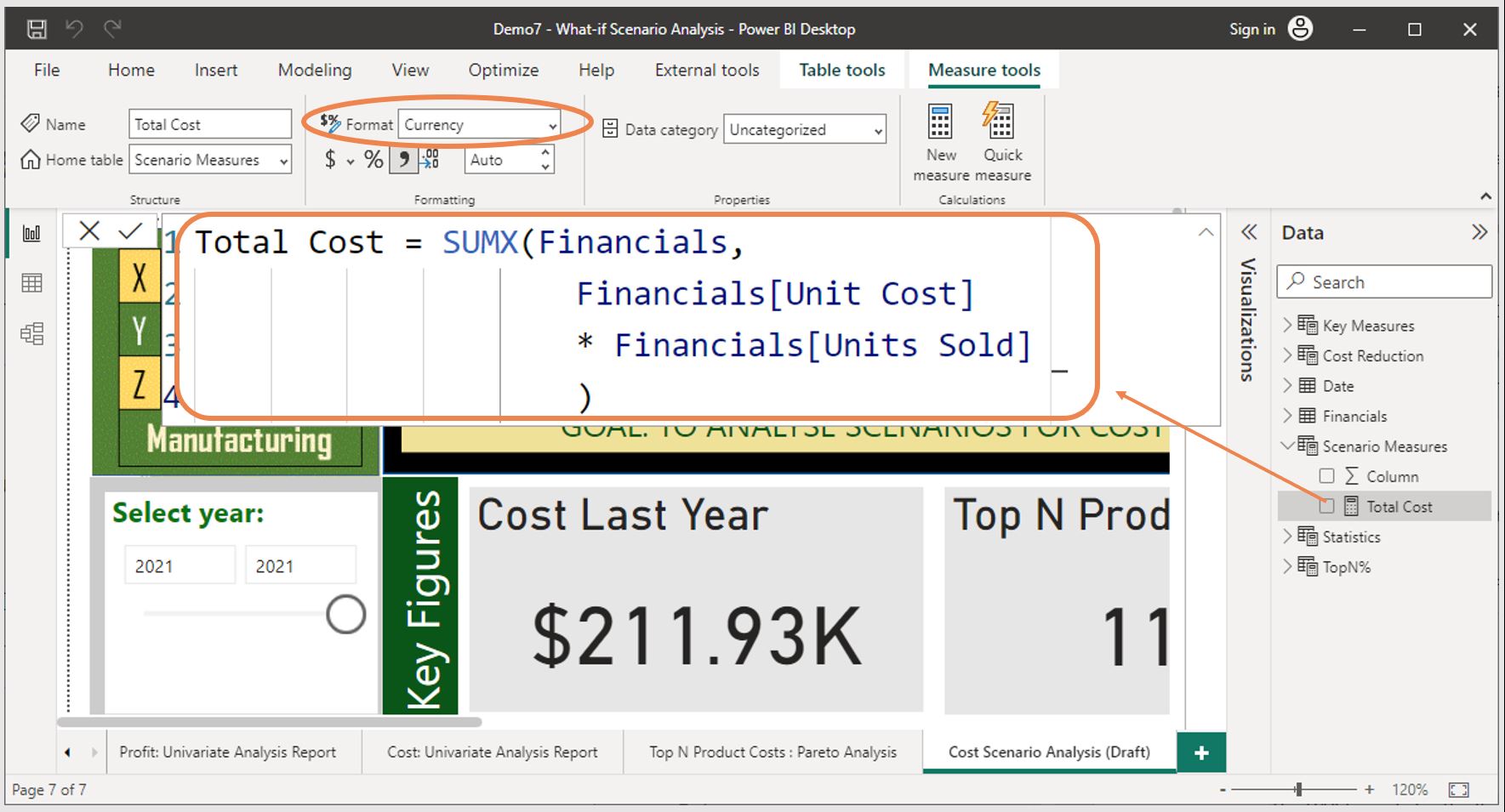 Screenshot of the ‘Total Cost’ DAX measure and its format configuration in Power BI Desktop © Microsoft