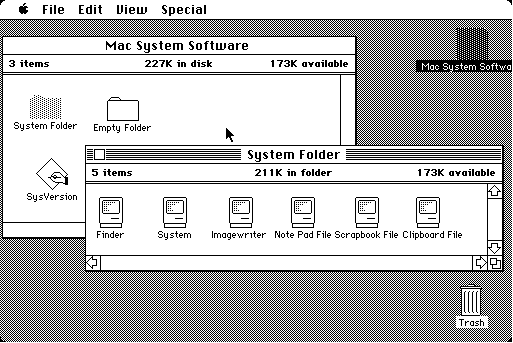 Macintosh system 1 – showing windows, folders and the trash can