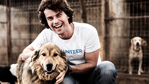 Happy young male volunteer sitting with adorable hairy homeless shepherd dog against cages with animals in shelter