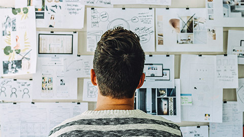 A person studying a large mood board, mounted on the wall in an office