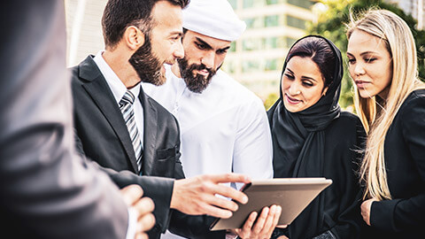 A diverse group of international business people discussing a proposal