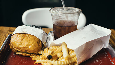 A fast food combo, including a drink, from the local takeaway restaurant