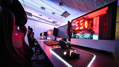 An esport gaming setup in a dark room