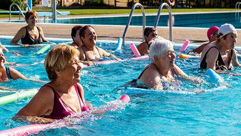 A group of elderly people doing water aerobics