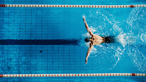 A top-down view of a swimmer in a pool