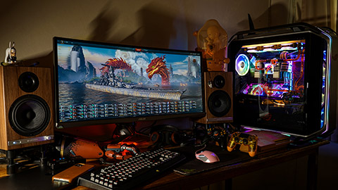 A gaming computer setup on a desk