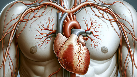 illustration of a human torso showing the heart and coronary arteries affected by cholesterol blockages