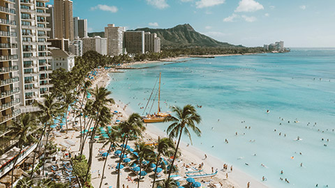 A wide shot of the beach in Hawaii