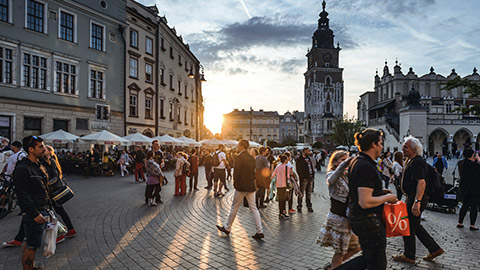 A busy tourist area in a European city