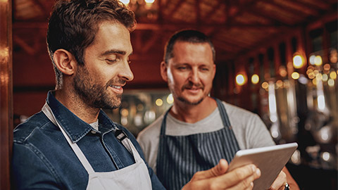 Men, tablet and barista with confidence