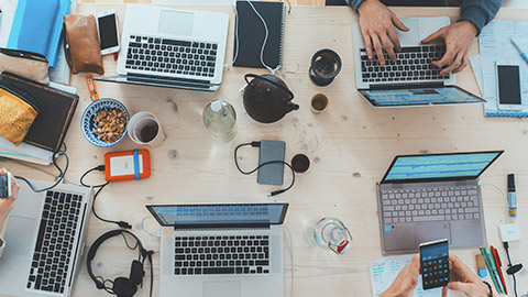 Top down view of a group of people working