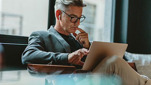 A person reading information on a laptop