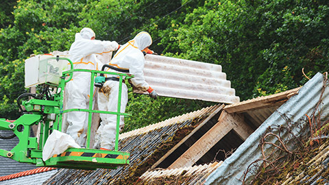 2 workers removing asbestos roofing materials