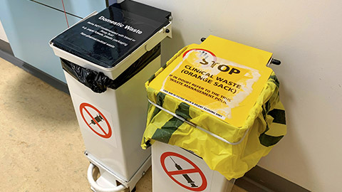 Top view of bins, domestic waste and clinical waste