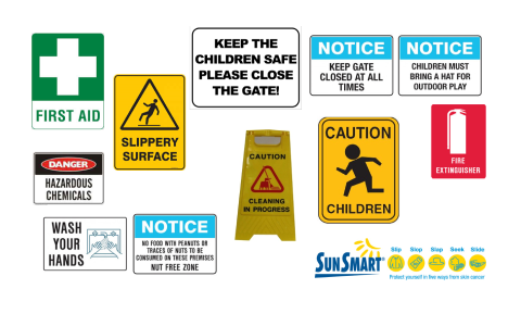 An image depicting various safety signages used in child services industry